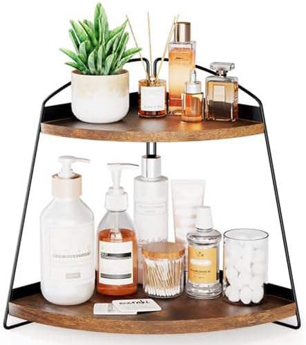 Puricon 2 Tier Corner Bathroom Counter Organizer, Wood Vanity Shelf for Skincare Storage, Brown Bathroom Organizers