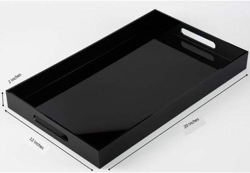 Glossy Black Sturdy Acrylic Serving Tray with Handles, 12x20 Inch, Kitchen Countertop, Makeup Drawer Organizer