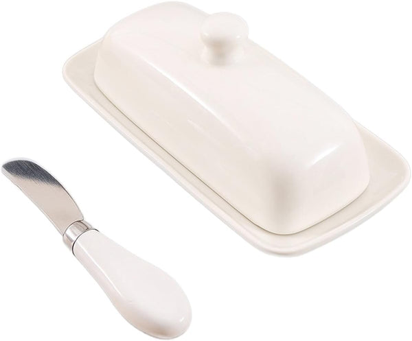 Butter Dish with Lid, Porcelain Butter Box with Stainless Steel Knife, Kitchen Gift in White