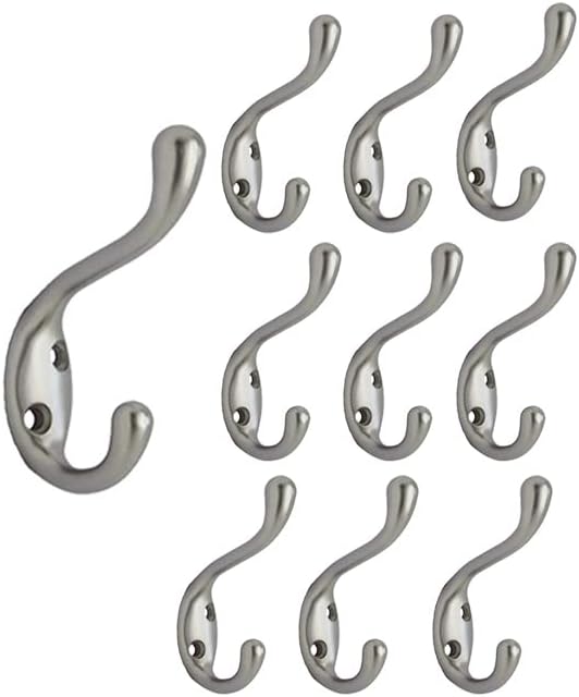 QCAA Premium Quality Heavy Duty Coat and Hat Hook Hanger 3-3/8" Zinc Die Cast Satin Nickel 10 Pack