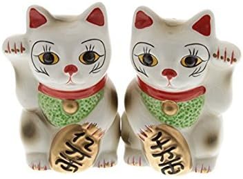 Japanese Maneki Neko Magnetized Ceramic Salt & Pepper Shakers