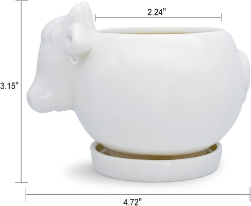 White Cow Ceramic Succulent Planter with Drainage Tray, Indoor Cow Stuff Pen Pencil Brush Holder Decor