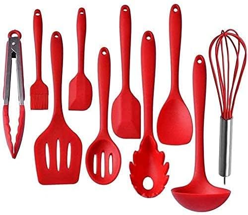 Kitchen Utensils Set, 10+1 Piece Silicone Heat-Resistant Non-Stick Cooking Tools in Red