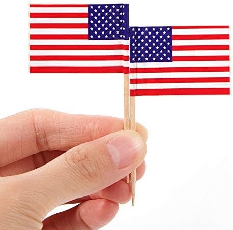 CYPS 100 Pcs USA American Flag Toothpick Flags, Small Mini Stick Cupcake Toppers, 4th of July, Veterans Day Party
