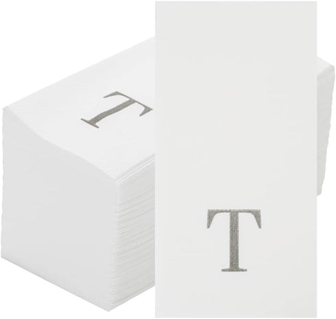 15.8 7.9 Inch 50 Luxenap X Linen-Feel Guest Towels, Lettered Hand Towels - Silver Letter 'T', Sans Serif Font, White