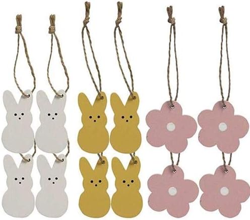 Set of 12 Bunny Flower Wood Mini Ornaments - Rustic Farmhouse Decor for Spring Easter, Includes Jute Hangers