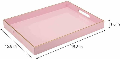 MaAixHom 15.8" 11.8" Counter, x Pink Decorative Serving Tray with Gold Trim and Handles, Sturdy Rectangular Ottoman
