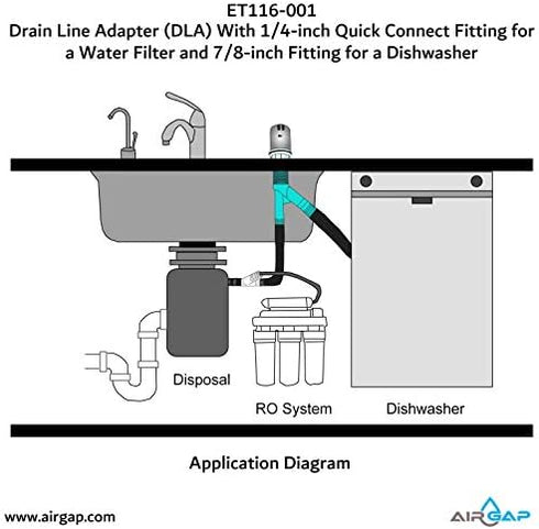 ET116-001 Drain Line Adapter (DLA) with 1/4-inch Quick Connect Fitting for Water Filter and 7/8-inch Dishwasher Fitting