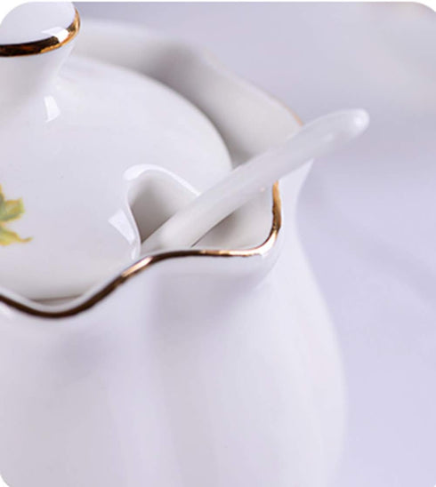Ceramics Retro Flower Sugar Bowl, Spice Jar Storage Seasoning Pot with Lid and Spoon