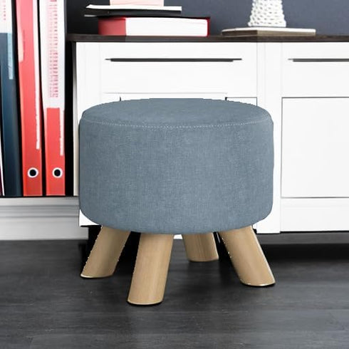 Asense Small Round Ottoman Foot Rest Stool Fabric Padded Seat Footstool Ottoman with Anti-Slip Wooden Legs (Light