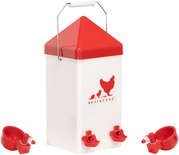 RentACoop 1 Gallon Chicken Waterer with 2 Auto-Fill Cups, Horizontal Nipples and