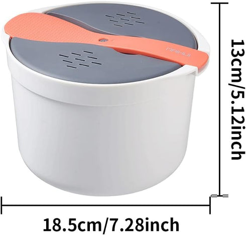 Microwave Rice Cooker 2L, Non-stick Food Grade PP Steamer with Strainer, Full Set with Lid & Spatula for Meal Noodle