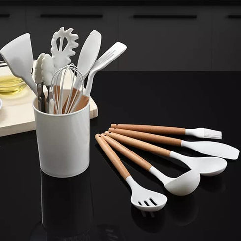 Kitchen Utensils Set, 33 pcs Non-Stick Silicone Cooking Utensils, Heat-Resistant Wooden Gadgets for Cooking, White