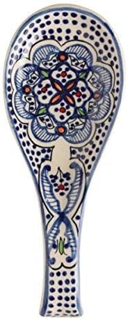 Quadow Spoon Holder/Spoon Rest, Ceramic Blue and White, Hand Crafted Northern African Design