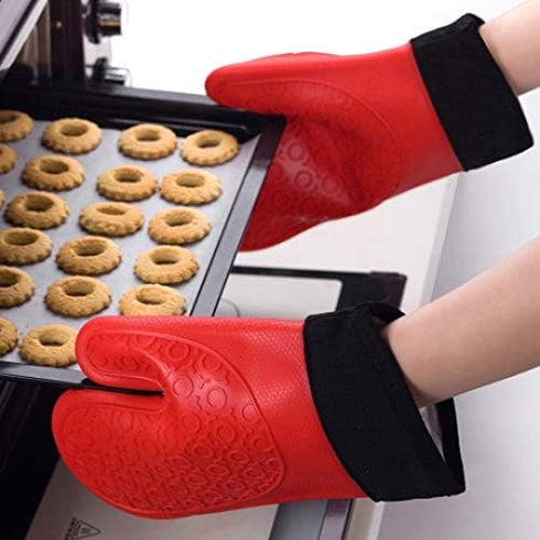 2PCS Red Black Extra Large Silicone Oven Mitts and Pot Holders - Heat Resistant Gloves for Cooking