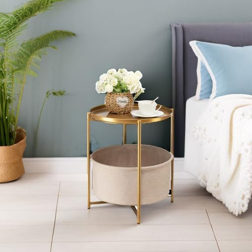 danpinera Round Side Table with Fabric Storage Basket, Metal Side Small Bedside Table Nightstand with Removable Tray