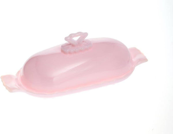 Mosser Glass Classic Pink Milk Glass Butter Dish Handled Sides Glass Pull Top