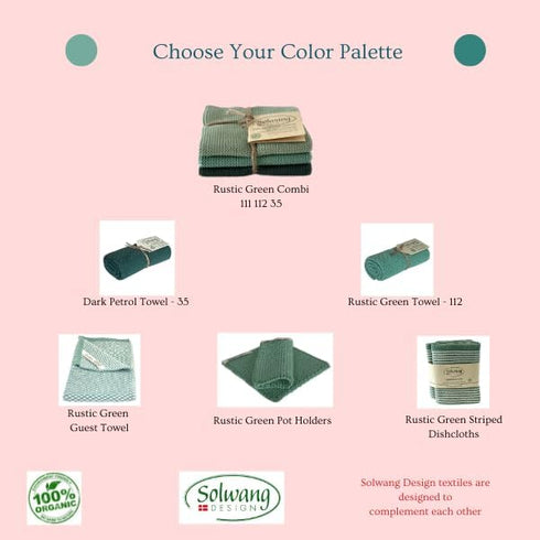3-Piece Danish Cotton Dishcloths, 100% Certified Organic Cotton Made in India (Rustic Green Organic Combi)
