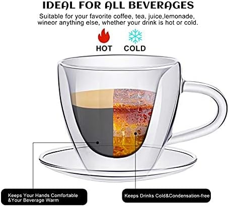 Patelai Heart Shaped Double Walled Glass Insulated Coffee Mug, 180 Ml, 6 oz Cappuccino Cup with Saucer & Spoons
