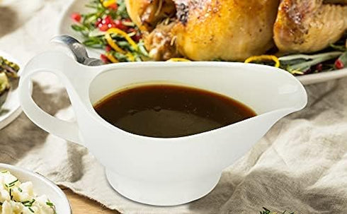 Nucookery Large Classic Gravy Boat with Warmer, 17 Oz, White Fine Porcelain, Microwave & Freezer Safe