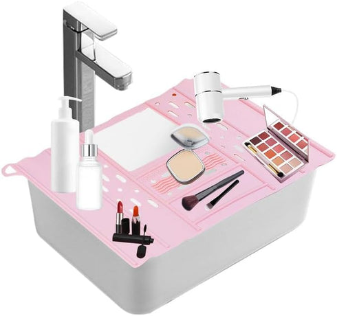 Bathroom Sink Cover, Foldable Makeup Brush Cleaning Mat, Silicone Sink Topper, Heat Resistant Makeup Organizer