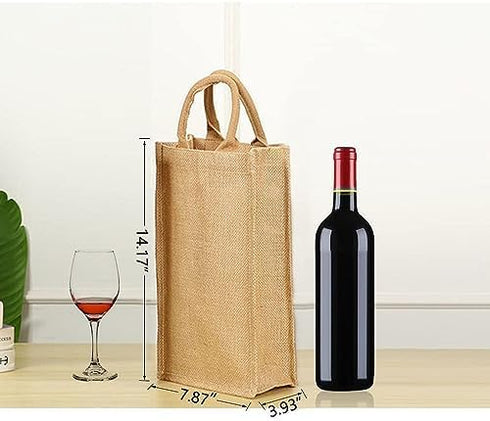 1Pack Jute Burlap 2 Bottle Wine Gift Tote Bags - Reusable with Soft Cotton Handles for Weddings, Parties, Birthdays