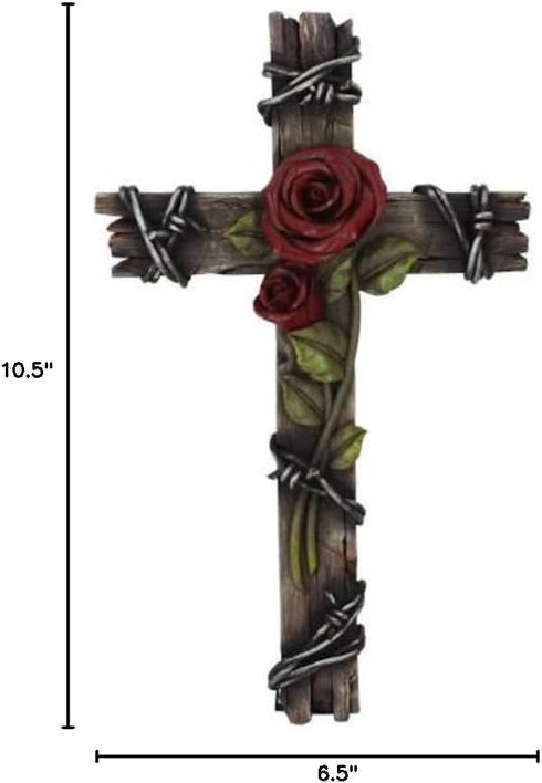 Polly House 10" Rose with Wood Look Resin CROSS Wall Decoration, Great for Gifts