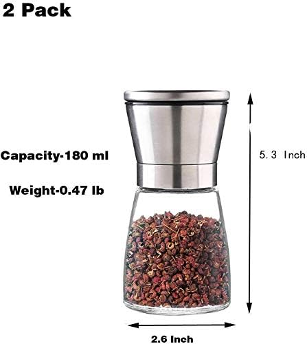 2 Packs Salt and Pepper Mills, Brushed Stainless Steel Grinder Set with Adjustable Ceramic Coarseness