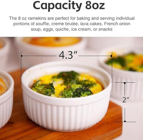 Nuwave Ceramic Ramekins 8 oz, Set of 6, Elegant Style for Baking Souffles, Custards, Puddings, 4.3” Wide & 2” Tall,