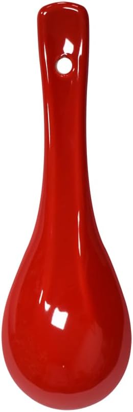 6 pcs Red Round-Bottom Soup Spoons - Asian Porcelain Ceramic Rice Spoons for Home Kitchen and Restaurant