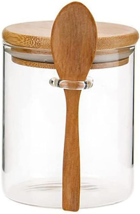 123Arts Glass Container Sugar Bowl, Spice Jar Food Storage with Wooden Lid and Spoon