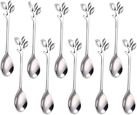 SZBAIDEKJ Stainless Steel Leaf Coffee Spoon - 10 Pcs Creative Dessert Spoons for Stirring, Mixing, and Ice Cream