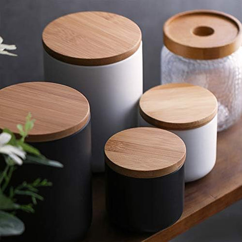 Ceramic Pure Color Sugar Bowl, Spice Jar Storage Pot with Wooden Lid