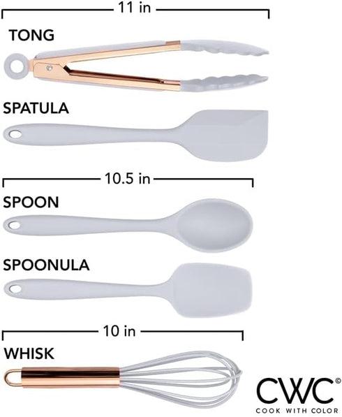 COOK WITH COLOR Silicone Cooking Utensils, 5 Pc Kitchen Utensil Set, Easy to Clean Silicone Kitchen Gadgets - White and