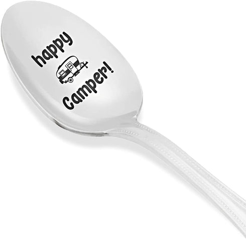 THE BASH AFFAIR Happy Camper Engraved Spoon Gift for Friend, 7 Inch Stainless Steel for Camping