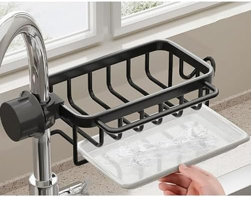 Kitchen Sink Faucet Organizer, Space Aluminum Rustproof Dish Sponge Holder with Divider and Drip Tray for Kitchen