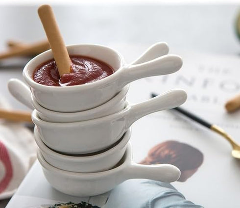 5 Packs 1 Oz Sauce Dish with Handle Grip, White Porcelain Dipping Bowls for Appetizers, Ketchup, BBQ Sauce