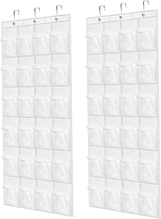 Over The Door Shoe Organizer - 2 Pack with 24 Pockets and Hooks for Space Saving, White