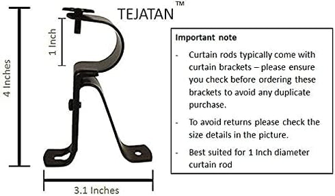 Curtain Rod Bracket for 1-Inch Diameter Rods, Set of 4 (2 Pairs), Black, Curtain Rod Holders