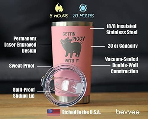 Bevvee Gettin Piggy Insulated Coffee Tumbler Cup, Stainless Steel Mug with Sliding Lid, Pig Themed Coffee Gifts (Pink)
