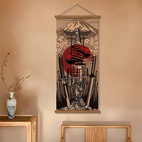 Japan Wall Art Samurai Sword Poster Print on Canvas, Skeleton Oriental Decoration, Wood Framed, 16”x35”