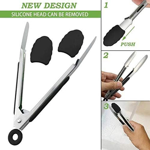 Small Serving Tongs with Silicone Tips, 7 Inch Mini Stainless Steel Food Tongs, Set of 3 (Black)