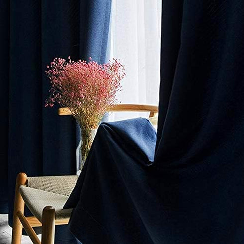 SINGINGLORY Navy Blue Blackout Curtains - 42 x 63 Inches Long Panels Set of 2 Linen Textured Thermal Insulated