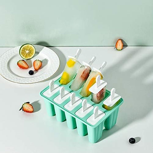 Popsicle Molds, 10 Pieces Reusable Silicone Ice Pop Maker with Easy Release (10 Cavities-Green)