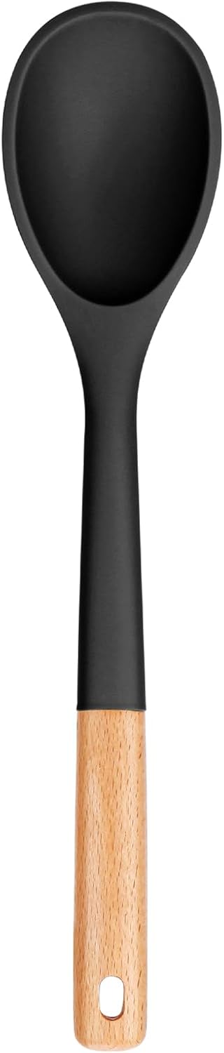 Large Silicone Cooking Spoons, Nonstick Solid Wooden Handle, Heat Resistant Kitchen Spoons for Cooking & Serving
