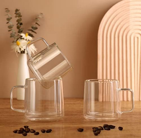 12oz Bag,Set 4 CNGLASS Glass Coffee Mugs,Double Wall Insulated Glass Cups with Handle,Clear Espresso Mugs