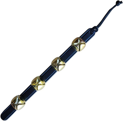 Rustic Red Door Co. Hanging Sleigh Bells, 4 Brass Door Bells on Black Leather Strap