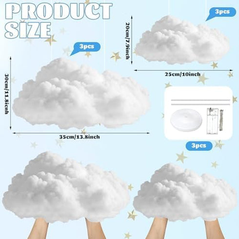 3 Set 3D Artificial Cloud LED Light Decorations Hanging Cloud Baby Shower Table Centerpiece DIY Kit for Ceiling Room