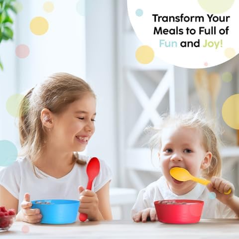 Kids Plastic Bowls Set of 12, 10 Ounce Microwave Dishwasher Safe BPA Free Non Toxic Toddler Bowls in 6 Bright Colors
