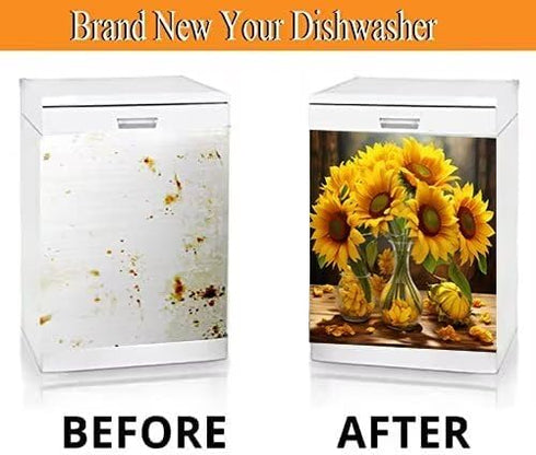 Modern Sunflower Dishwasher Magnet Cover, Appliance Sticker Blooming Sunflower Front Cover, 23" x 26"